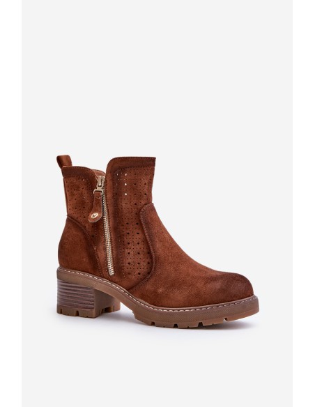 Women's Ankle Boots With Openwork Pattern On Heel Brown Oviria