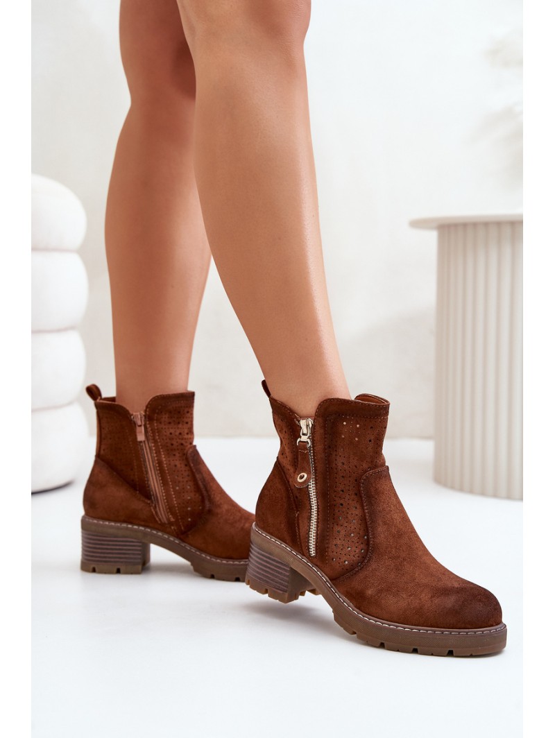 Women's Ankle Boots With Openwork Pattern On Heel Brown Oviria