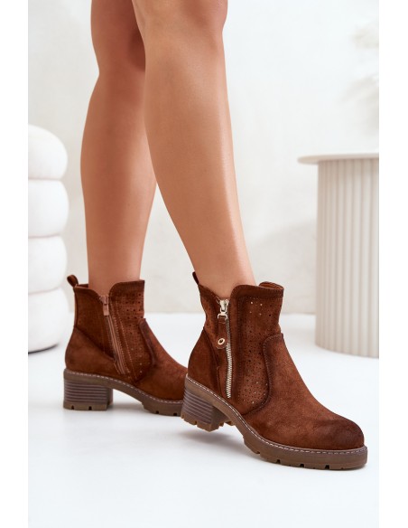 Women's Ankle Boots With Openwork Pattern On Heel Brown Oviria