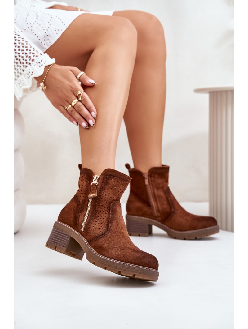 Women's Ankle Boots With Openwork Pattern On Heel Brown Oviria