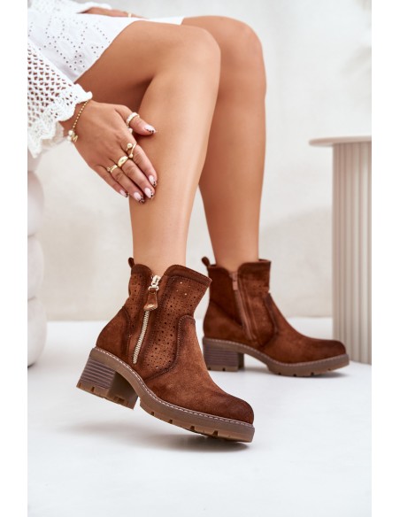 Women's Ankle Boots With Openwork Pattern On Heel Brown Oviria