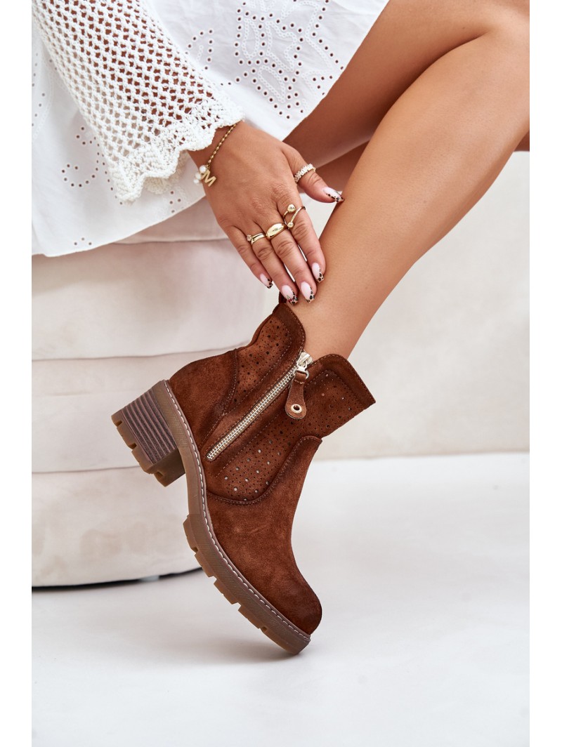 Women's Ankle Boots With Openwork Pattern On Heel Brown Oviria