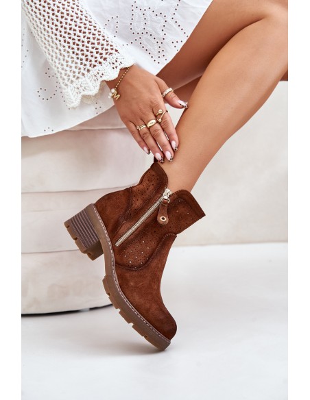 Women's Ankle Boots With Openwork Pattern On Heel Brown Oviria