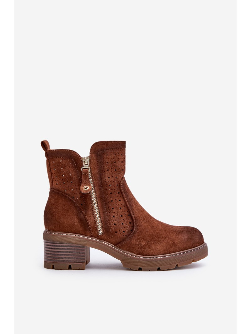 Women's Ankle Boots With Openwork Pattern On Heel Brown Oviria