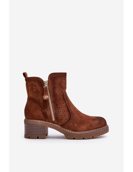 Women's Ankle Boots With Openwork Pattern On Heel Brown Oviria