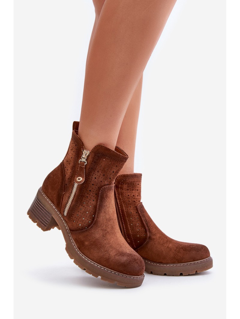 Women's Ankle Boots With Openwork Pattern On Heel Brown Oviria