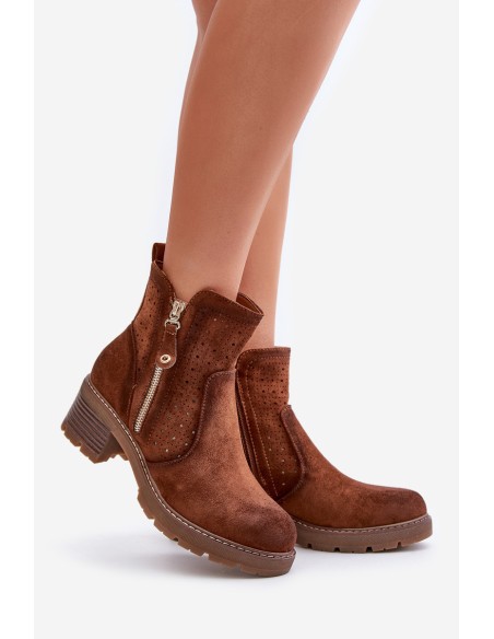 Women's Ankle Boots With Openwork Pattern On Heel Brown Oviria