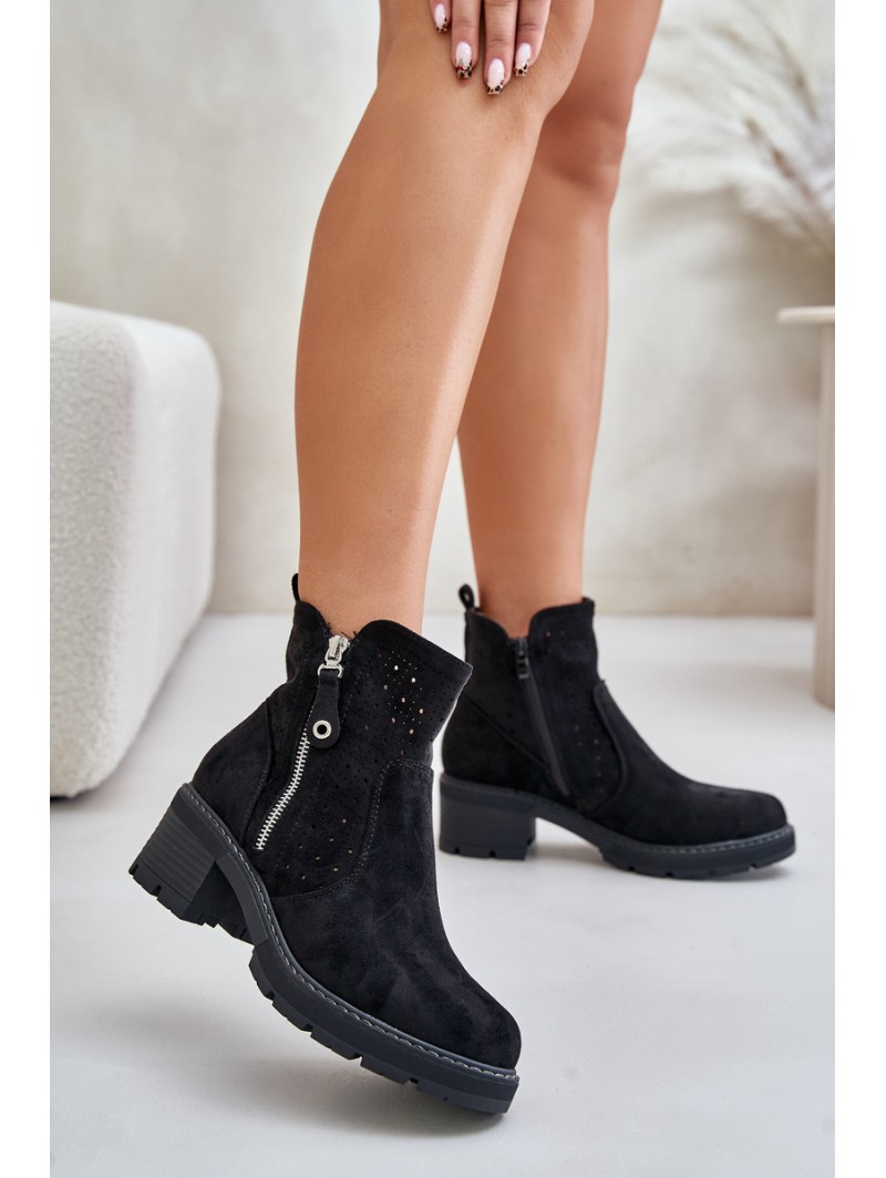 Women's Boots With Perforated Pattern On Heel Black Oviria