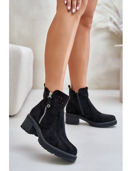 Women's Boots With Perforated Pattern On Heel Black Oviria