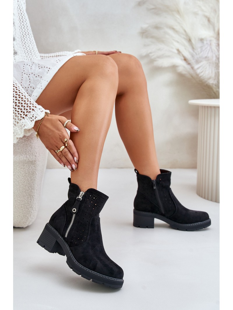 Women's Boots With Perforated Pattern On Heel Black Oviria