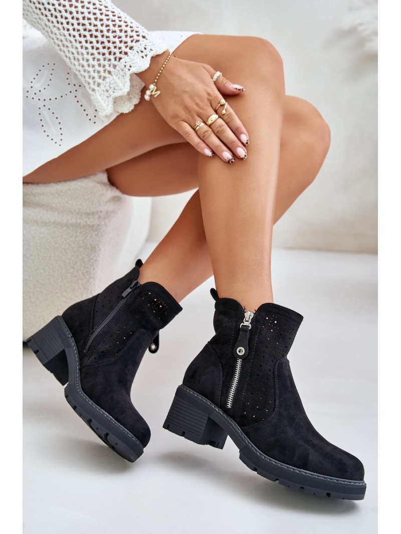 Women's Boots With Perforated Pattern On Heel Black Oviria