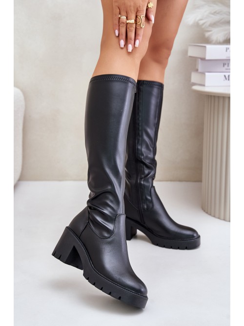 Knee High Eco Leather Heeled Boots Vinceza 58332 Black