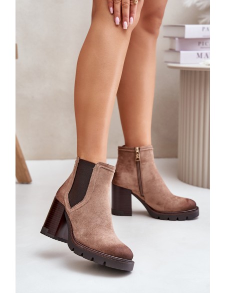 Warm Women's Heeled Boots Made of Eco Suede Beige Vinceza 58356