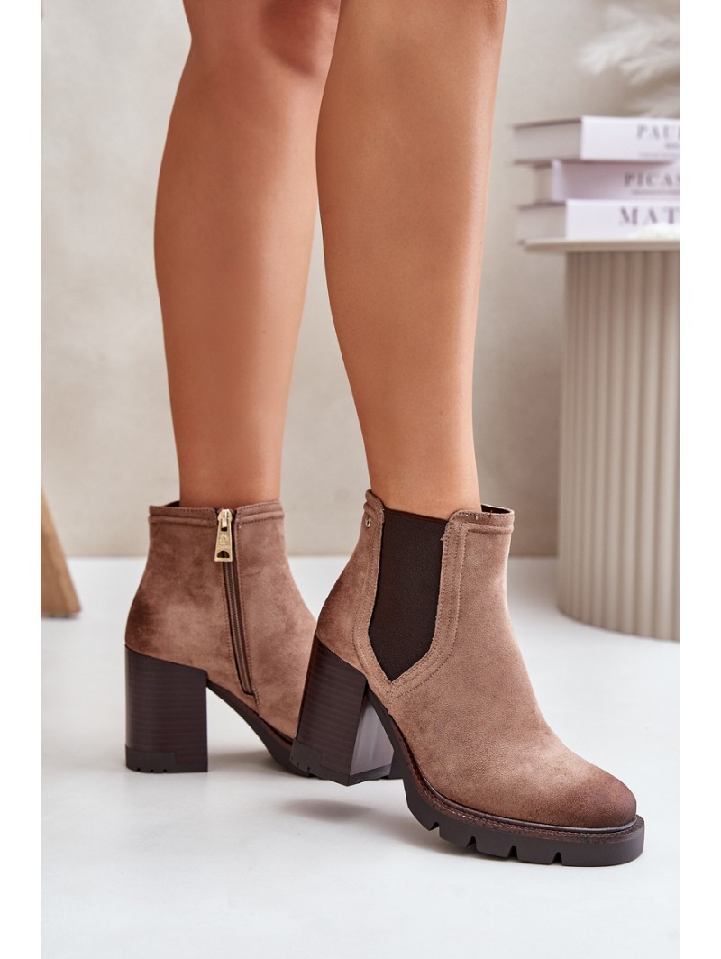 Warm Women's Heeled Boots Made of Eco Suede Beige Vinceza 58356