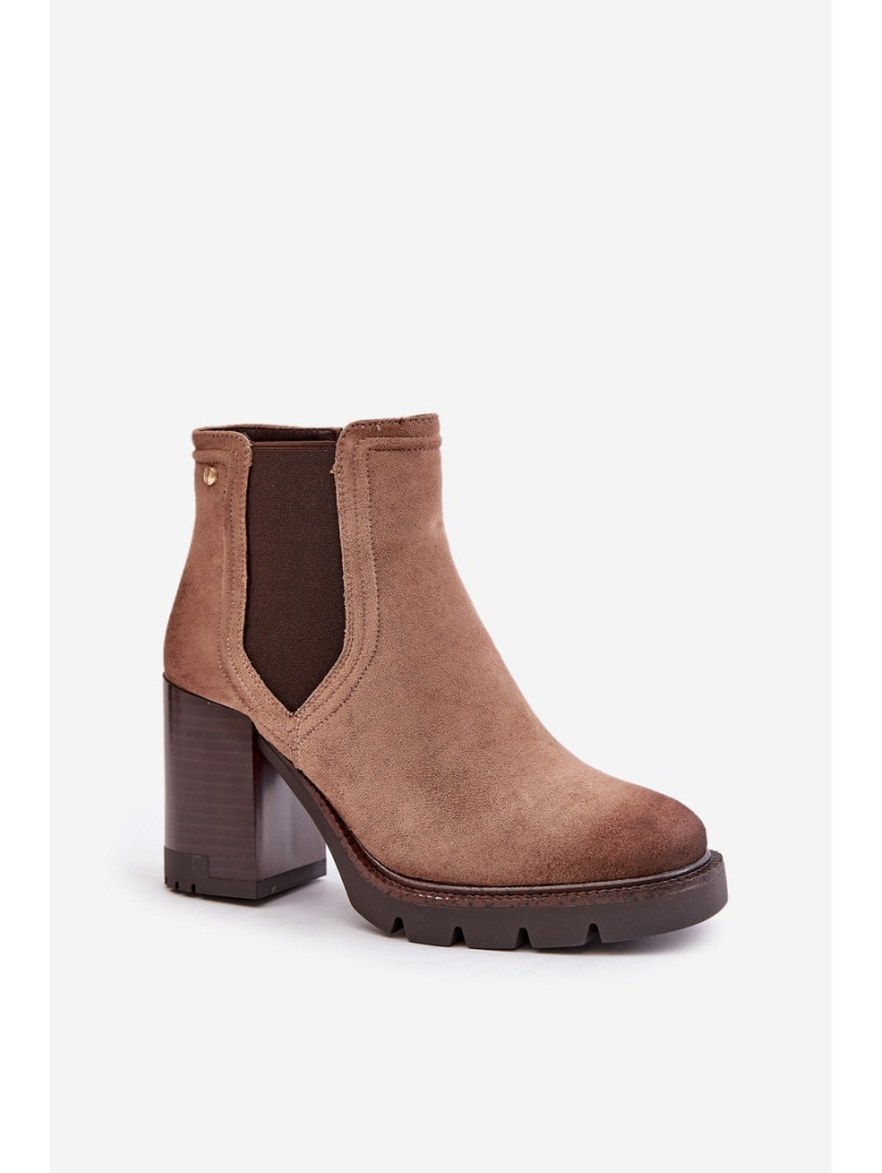 Warm Women's Heeled Boots Made of Eco Suede Beige Vinceza 58356