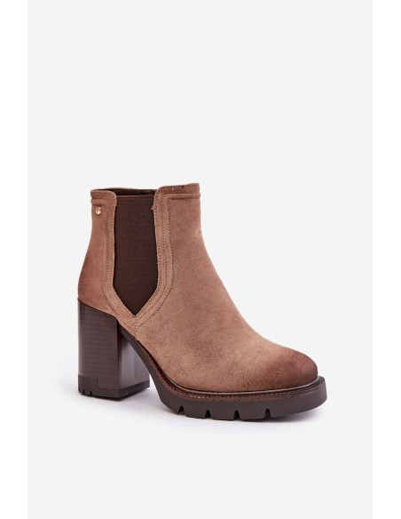 Warm Women's Heeled Boots Made of Eco Suede Beige Vinceza 58356