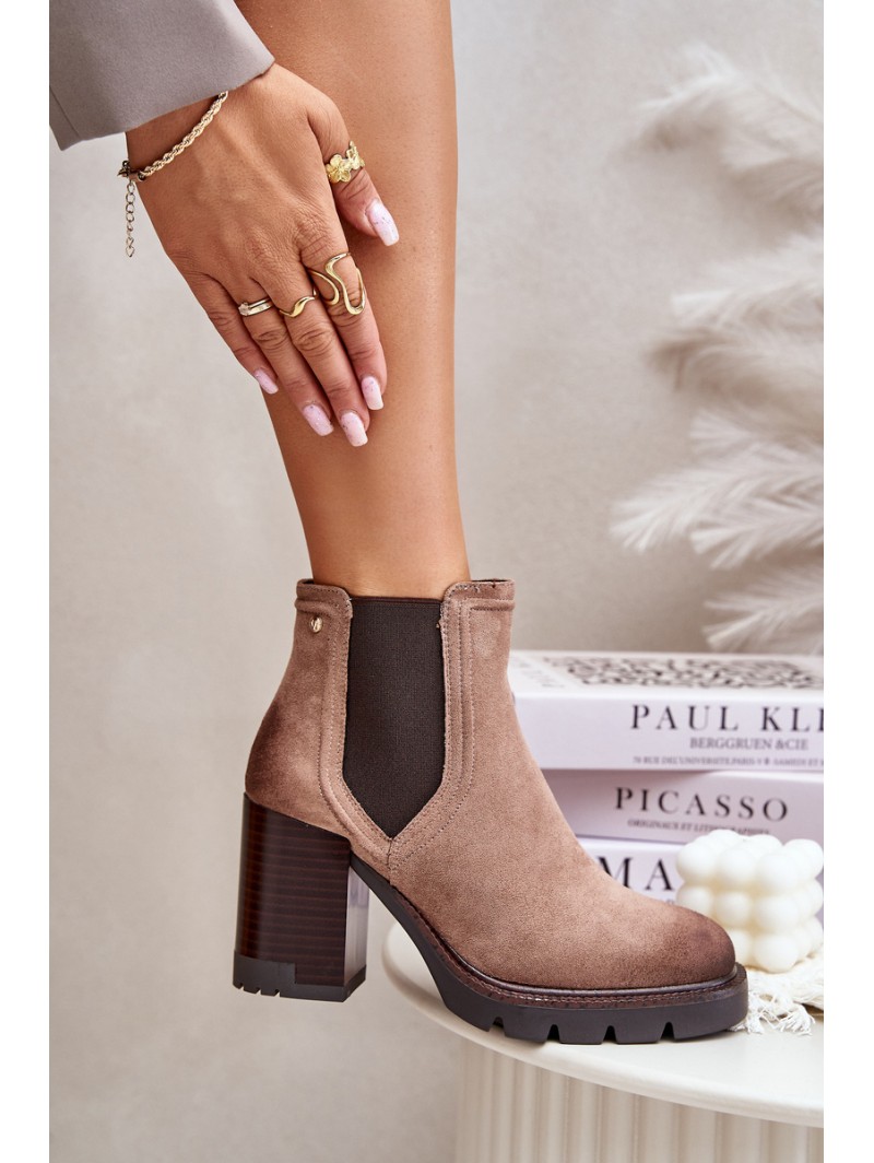 Warm Women's Heeled Boots Made of Eco Suede Beige Vinceza 58356