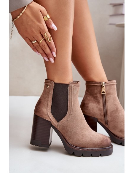 Warm Women's Heeled Boots Made of Eco Suede Beige Vinceza 58356