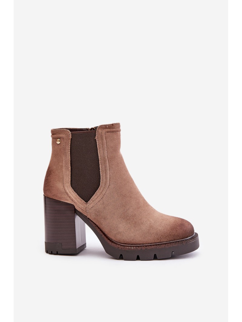 Warm Women's Heeled Boots Made of Eco Suede Beige Vinceza 58356