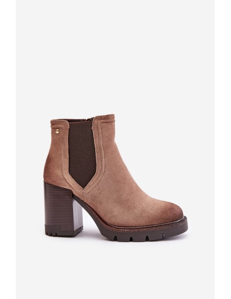 Warm Women's Heeled Boots Made of Eco Suede Beige Vinceza 58356