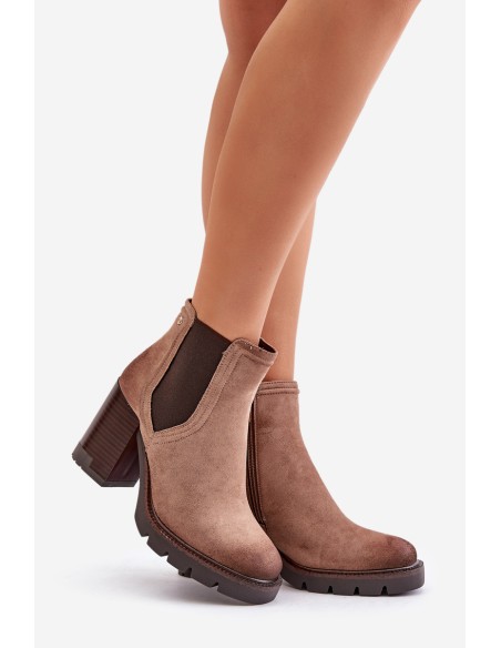Warm Women's Heeled Boots Made of Eco Suede Beige Vinceza 58356