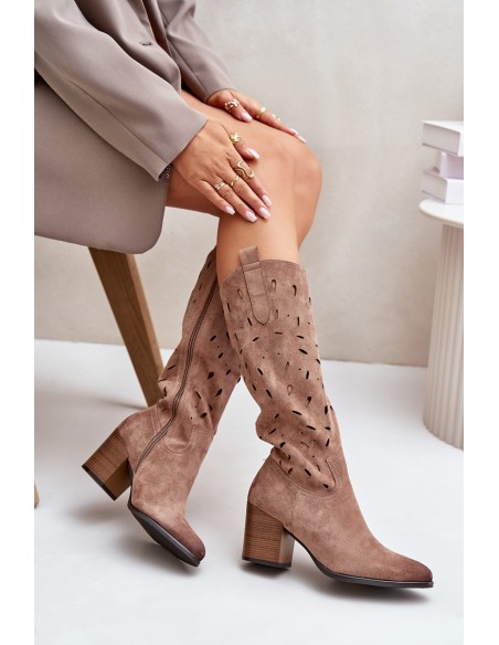 Eco Suede Knee High Boots With Perforated Pattern Dark Beige Vinceza 58344