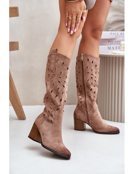 Eco Suede Knee High Boots With Perforated Pattern Dark Beige Vinceza 58344
