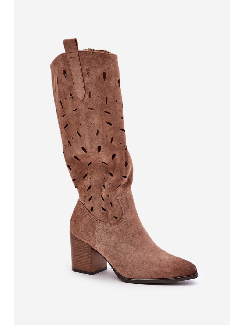 Eco Suede Knee High Boots With Perforated Pattern Dark Beige Vinceza 58344
