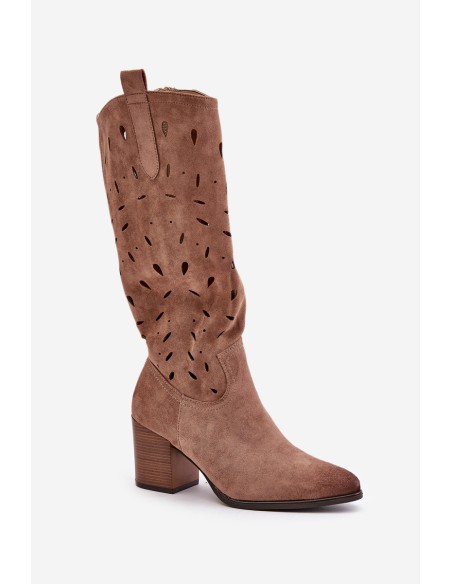 Eco Suede Knee High Boots With Perforated Pattern Dark Beige Vinceza 58344