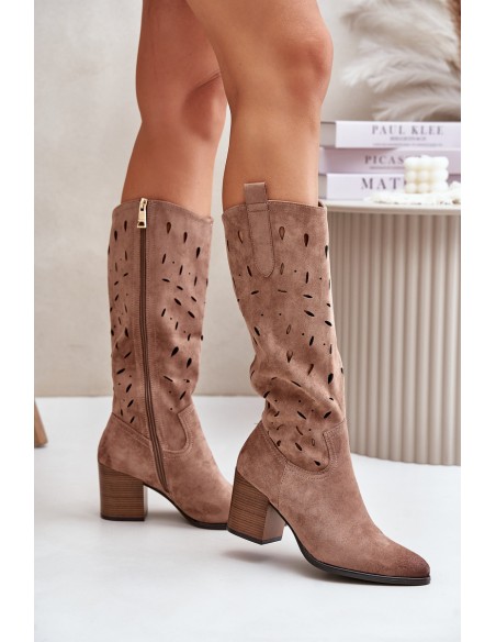 Eco Suede Knee High Boots With Perforated Pattern Dark Beige Vinceza 58344
