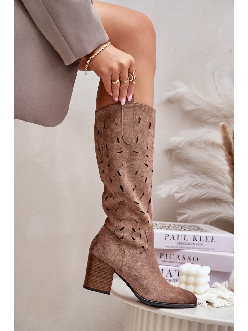 Eco Suede Knee High Boots With Perforated Pattern Dark Beige Vinceza 58344