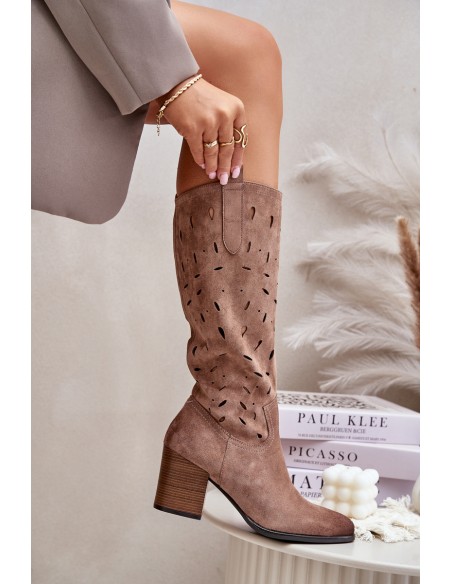 Eco Suede Knee High Boots With Perforated Pattern Dark Beige Vinceza 58344