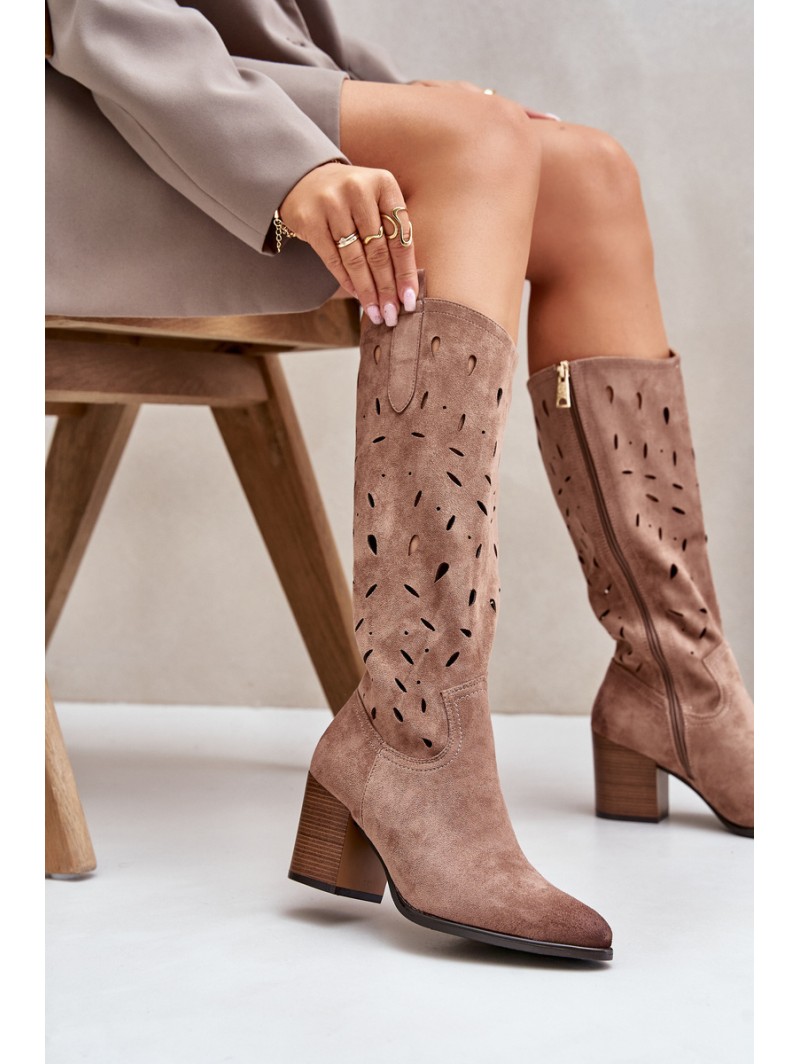 Eco Suede Knee High Boots With Perforated Pattern Dark Beige Vinceza 58344