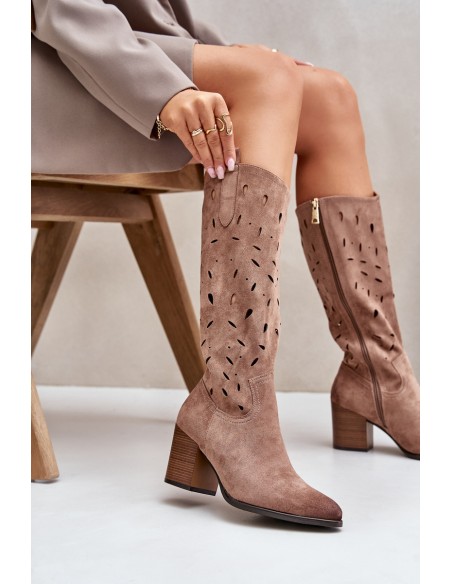 Eco Suede Knee High Boots With Perforated Pattern Dark Beige Vinceza 58344