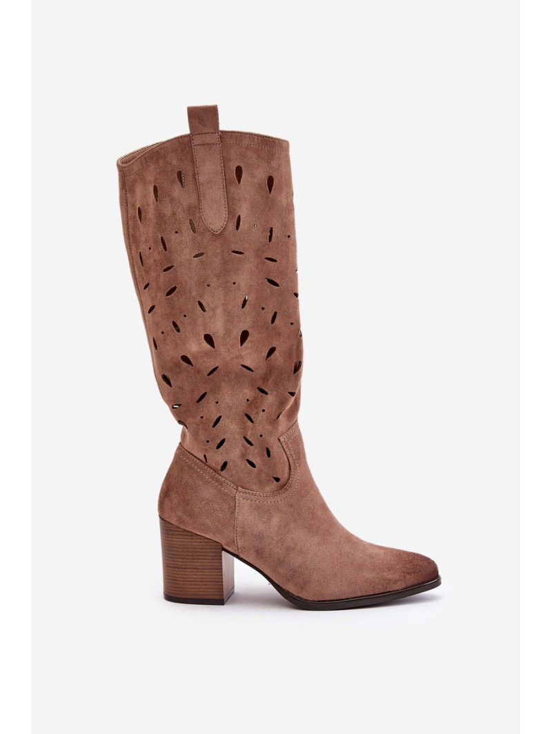 Eco Suede Knee High Boots With Perforated Pattern Dark Beige Vinceza 58344