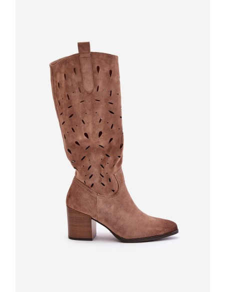 Eco Suede Knee High Boots With Perforated Pattern Dark Beige Vinceza 58344