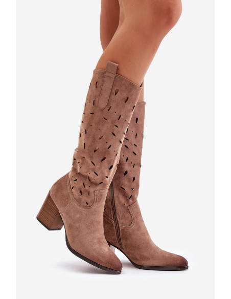 Eco Suede Knee High Boots With Perforated Pattern Dark Beige Vinceza 58344