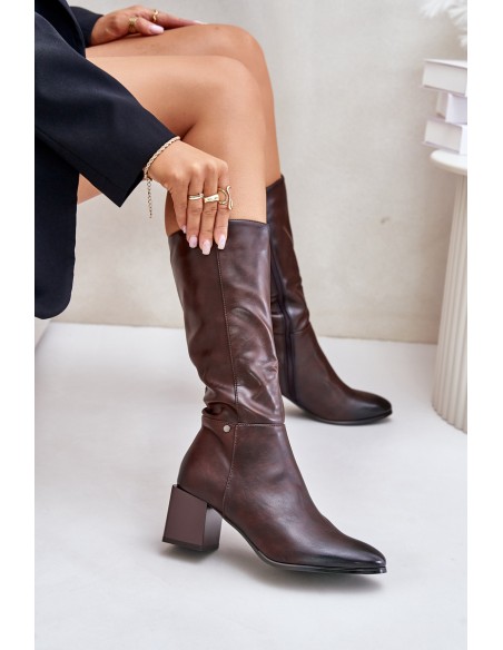 Insulated ankle boots on a heel eco leather up to mid-calf brown Ellithira
