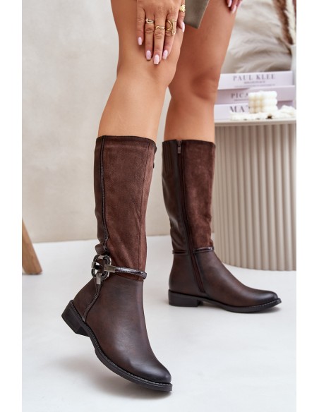 Insulated Boots On Flat Heel With Decorative Buckle Brown Leatharia