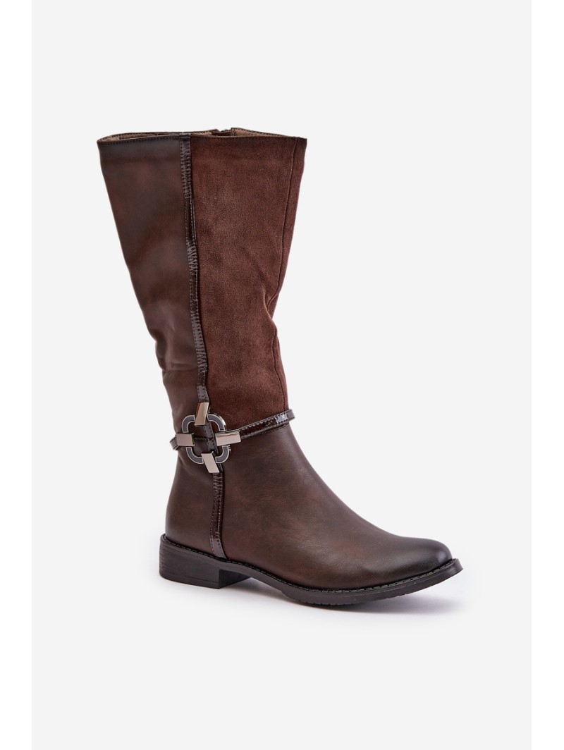 Insulated Boots On Flat Heel With Decorative Buckle Brown Leatharia