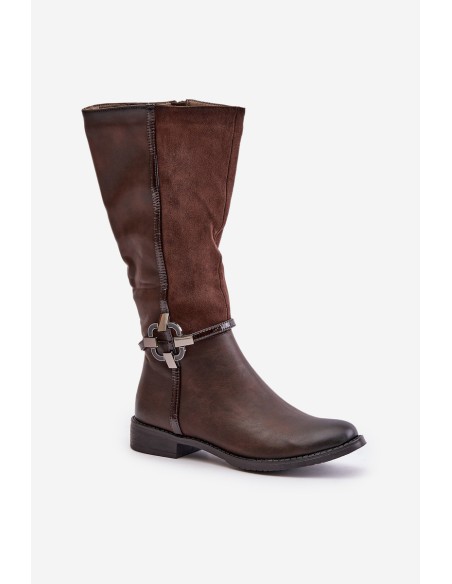 Insulated Boots On Flat Heel With Decorative Buckle Brown Leatharia