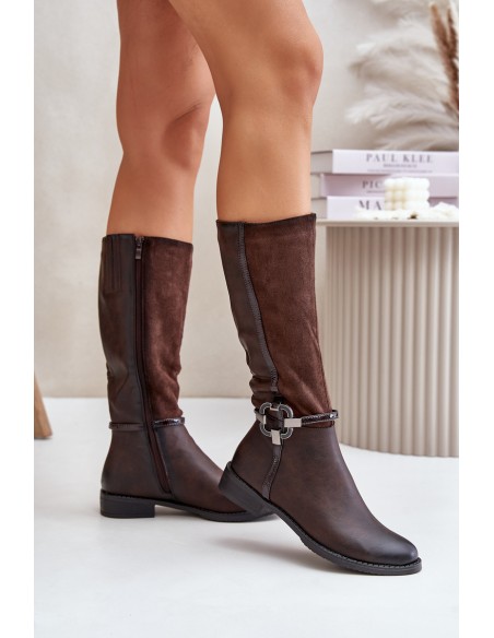 Insulated Boots On Flat Heel With Decorative Buckle Brown Leatharia