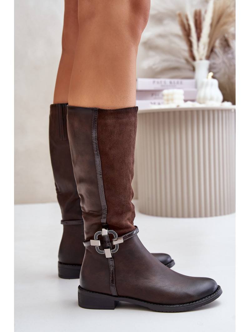 Insulated Boots On Flat Heel With Decorative Buckle Brown Leatharia