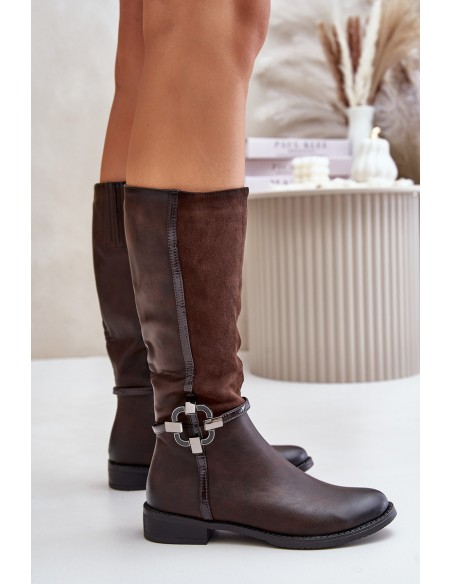 Insulated Boots On Flat Heel With Decorative Buckle Brown Leatharia