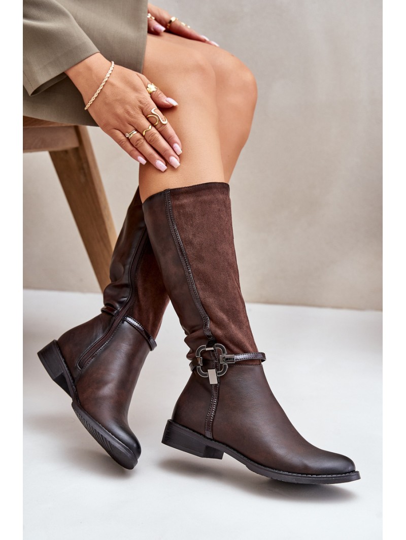 Insulated Boots On Flat Heel With Decorative Buckle Brown Leatharia