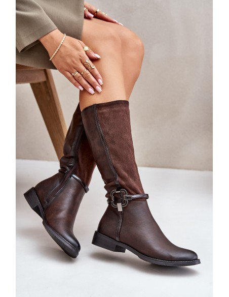 Insulated Boots On Flat Heel With Decorative Buckle Brown Leatharia