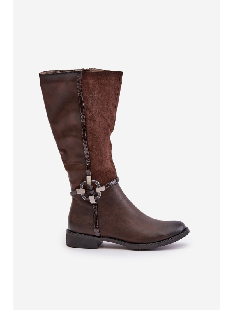 Insulated Boots On Flat Heel With Decorative Buckle Brown Leatharia