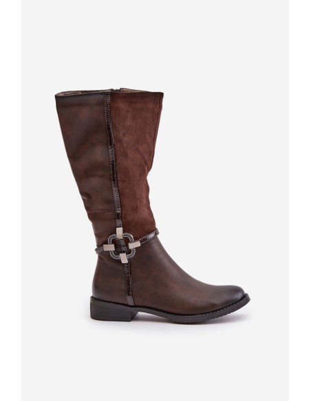 Insulated Boots On Flat Heel With Decorative Buckle Brown Leatharia