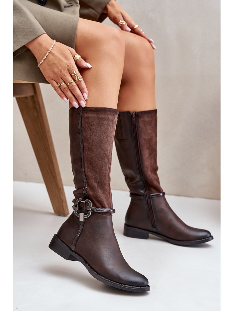 Insulated Boots On Flat Heel With Decorative Buckle Brown Leatharia