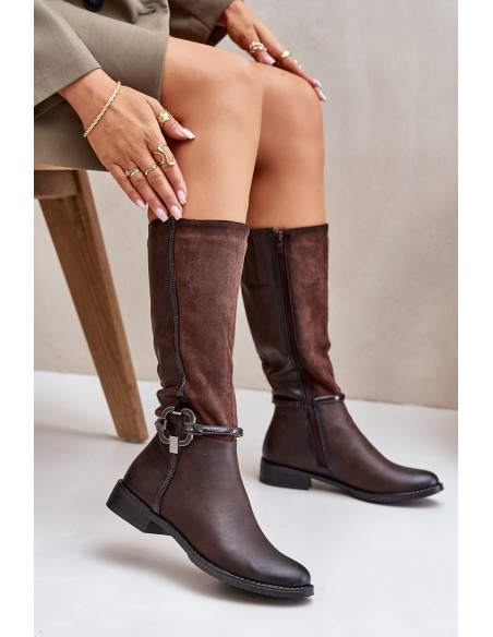 Insulated Boots On Flat Heel With Decorative Buckle Brown Leatharia